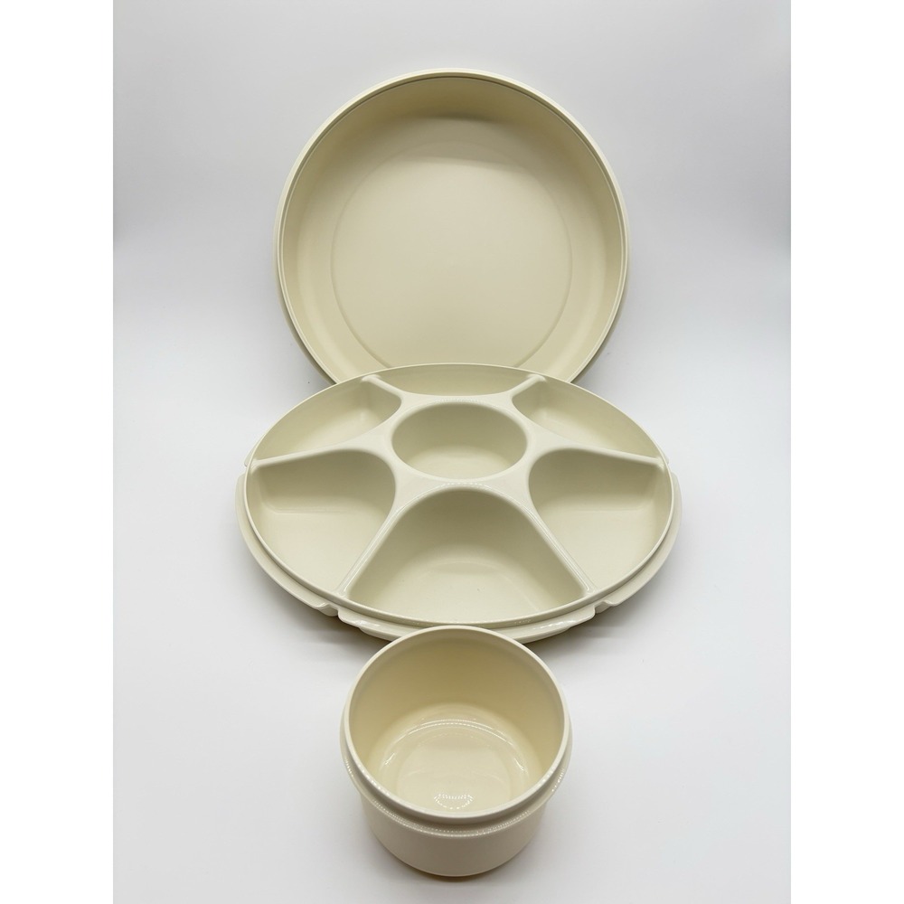 Tupperware Vintage Serving Dip Tray with Lid and Dip Bowl Almond Beige 13 inch